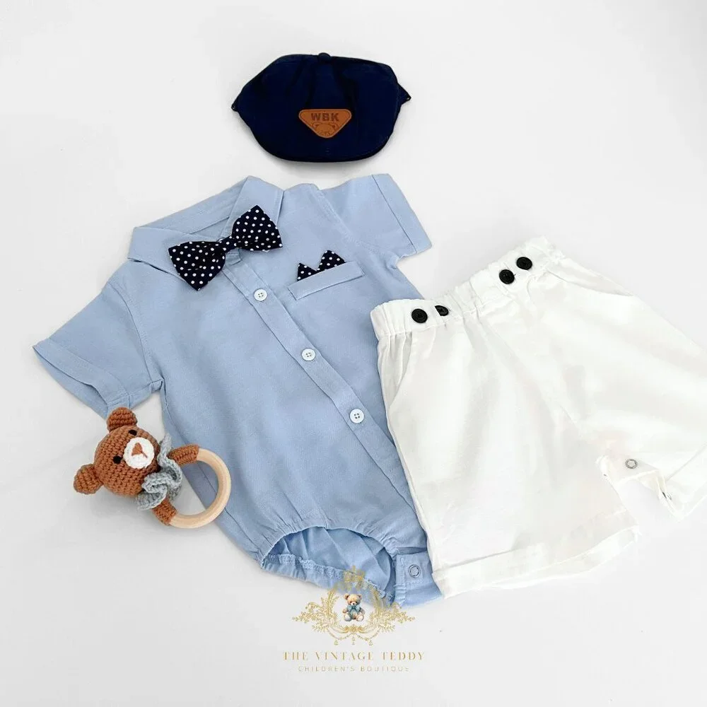 NWT Handsome Boys Oxford Button Down Onesie One-Piece Shorts Matching Set 9-12M
